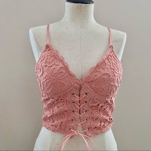 Cropped Dusty Rose Lace Up Corset Tank Top Shein